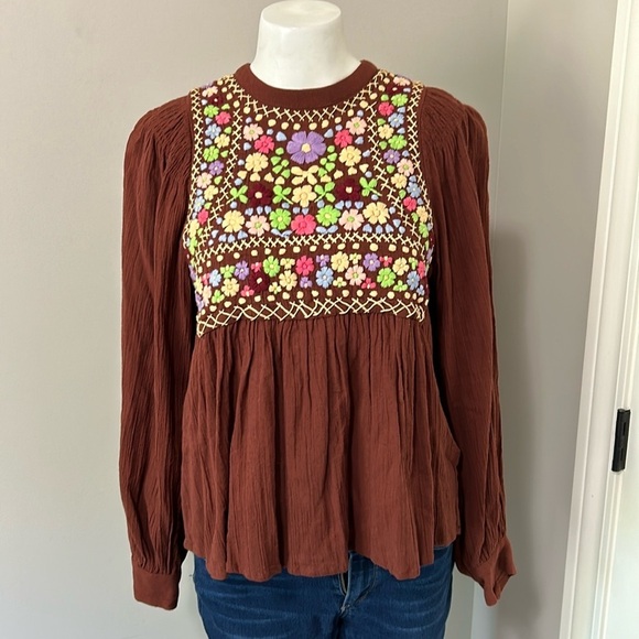 Antik Batik Top Line Embroidered Blouse Brown Hand Stitched Anthro Sz XS NEW - Picture 4 of 16